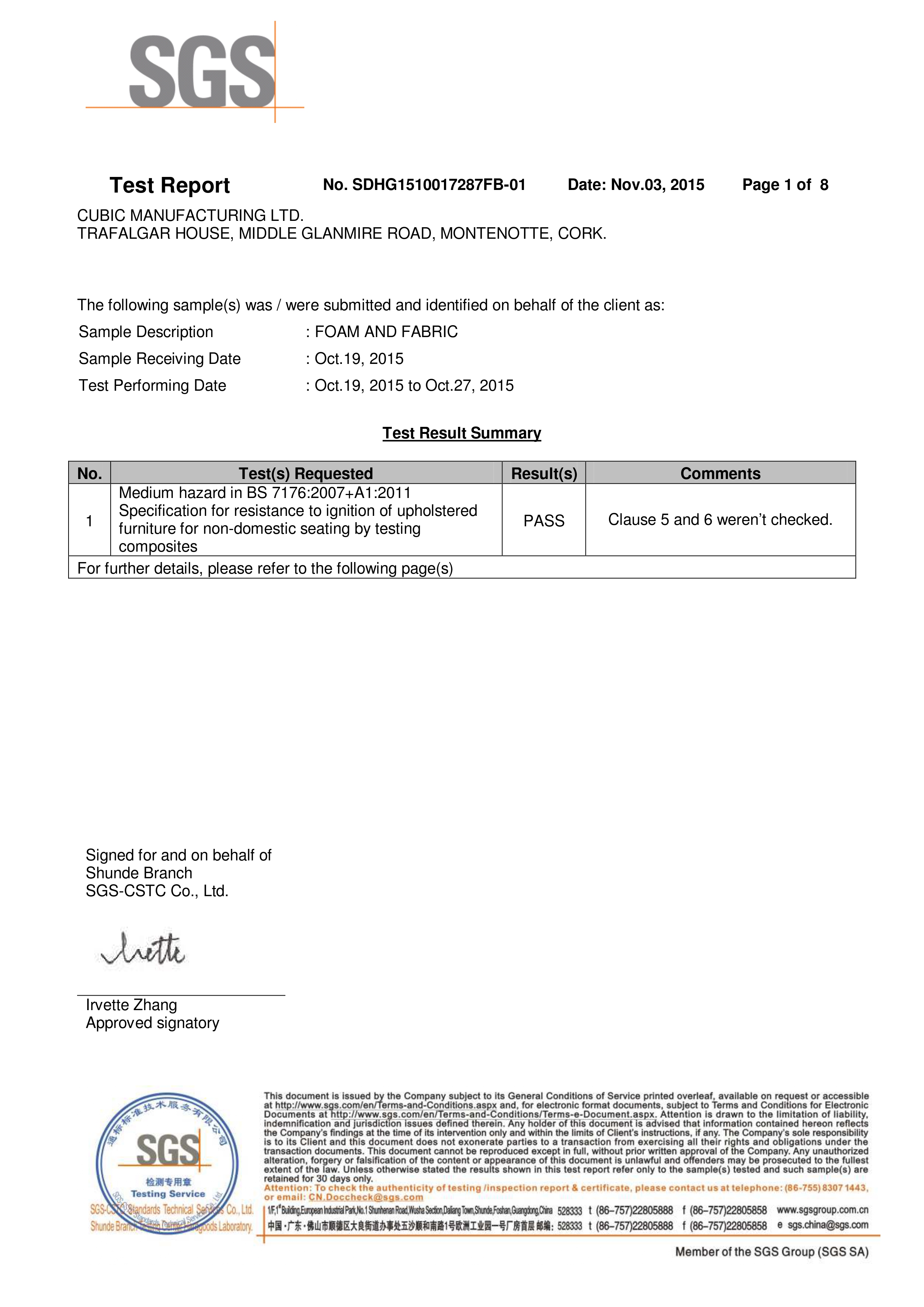 Fire Test Certificate for Cubic Chairs
